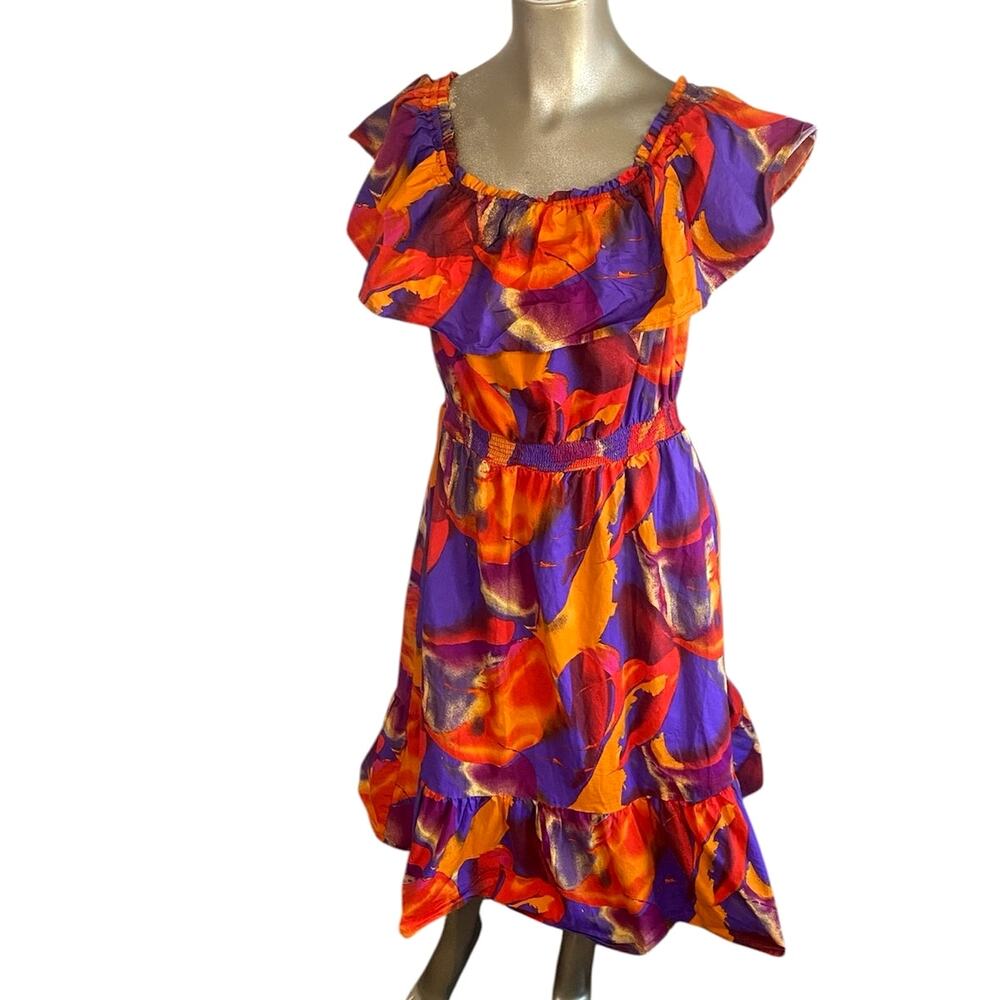 Nine West Abstract Boho Off The Shoulder Dress Women L Smocked Tiered Tropical